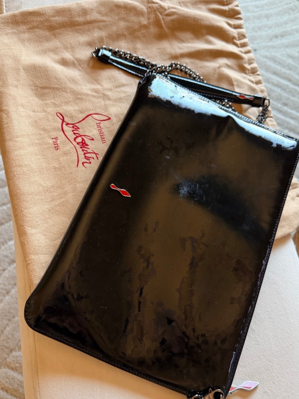 *RARE* Authentic Christian Louboutin Black Zip Clutch w Chain Strap Red Lining